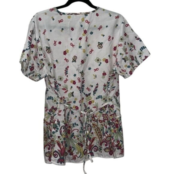 Floral & Ribbon Print Wrap-Style Short Sleeve Top By Denice - Picture 3 of 7